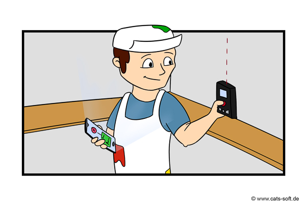 Cartoon-Zeichnung: Der Maler-Chef fährt zum Kunden und misst die Innenräume auf.