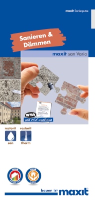 Sanieren und dämmen „auf einen Streich“: Welche Vorteile und Eigenschaften der neue Sanierputz „maxit san Vario“ bietet, erläutert die gleichnamige Broschüre. 
