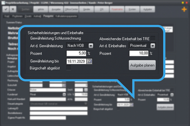 Die Software erinnert an Anforderung Sicherheitseinbehalt und Rückgabe der Bürgschaftsurkunde. 