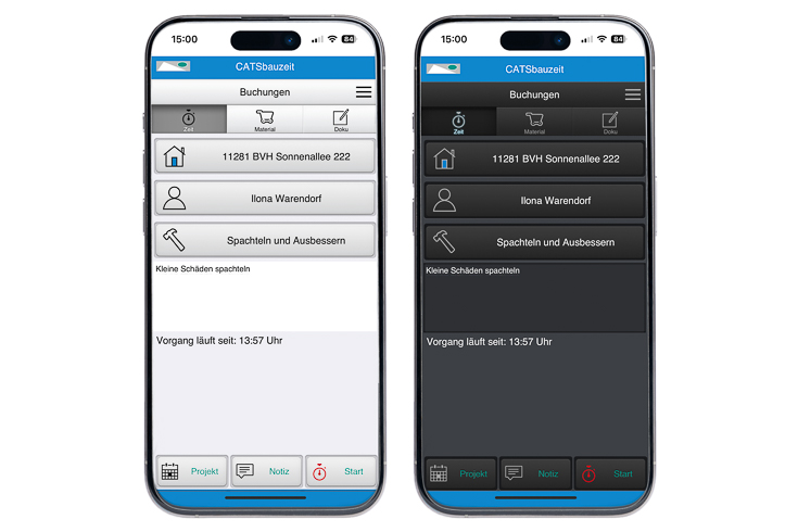 Eine Zeiterfassngs-App zwei Designs - wähle zwischen dark mode oder light mode - so wie es dem User gefällt